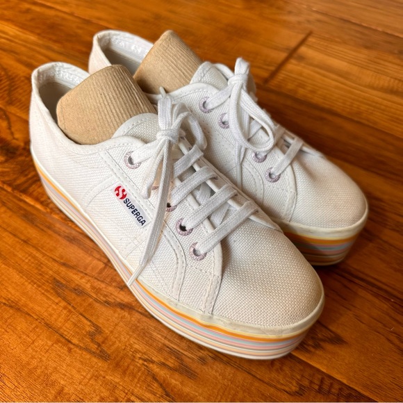 Superga White Multi Color Platform Rainbow Stripe Sneakers Size 6.5 - Picture 3 of 6